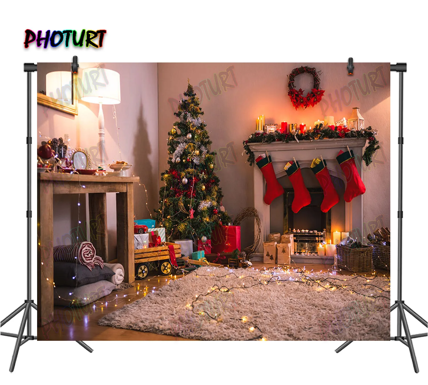 PHOTURT Christmas Backdrop Festival Decor Banner Fireplace Background Navidad Xmas Tree Polyester Vinyl Decoration Props