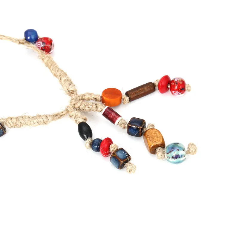 New Fashion Bohemian Exaggerated hand knitting Ceramic Beads Clavicle Chain Necklace Women Retro Hemp Rope Bead Pendant Necklace