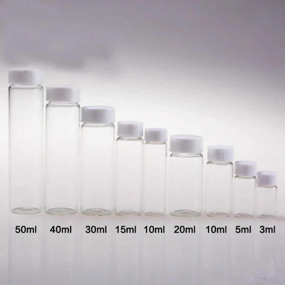 20pcs/pack 3ml 5ml 10ml 15ml 20ml 30ml 40ml 50ml (Clear/ brown) Glass Seal Bottle Reagent Sample Vials Plastic Lid Screw Cap