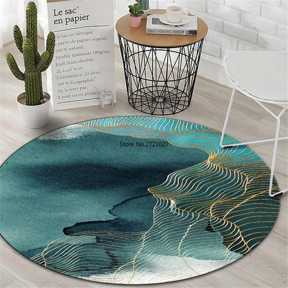 Chinese Style Abstract Landscape Green Round Living Room Floor Mat Coffee Table Carpet Bedroom Carpet Non-slip Mat