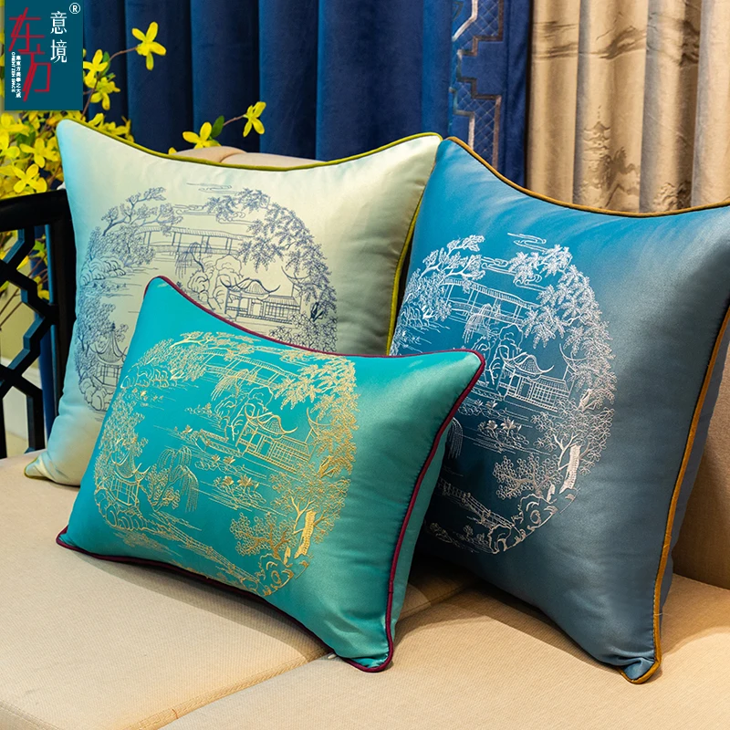 Chinese Embroidery landscape Satin Fabric Cover Cushion Pillow Case Sofa Chair Office Home Decorative Ethnic Lumbar PillowCases