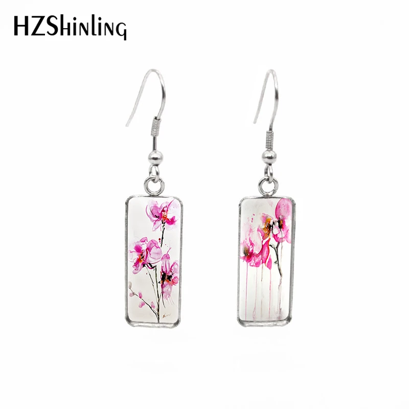 2020 New Elegant Orchids Earring Flowers Painting Rectangular Hook Earrings Glass Dome Photo Jewelry Handmade