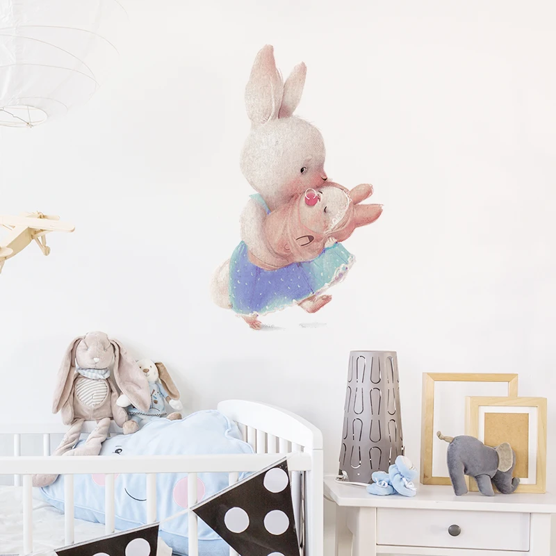 Walking Bunny Mother with Sleeping Baby Rabbit Wall Stickers for Kids Room Decorative Nursery Wall Decals Removable Decoration