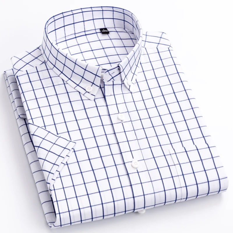 Camisas a cuadros de manga corta para hombre, camisa de verano de corte estándar con bolsillo en el pecho, informal, fina, de algodón puro, con