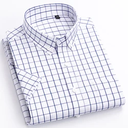 Camisas xadrez xadrez de manga curta de ajuste padrão masculino remendo bolso no peito verão casual fino macio puro algodão camisa de botão