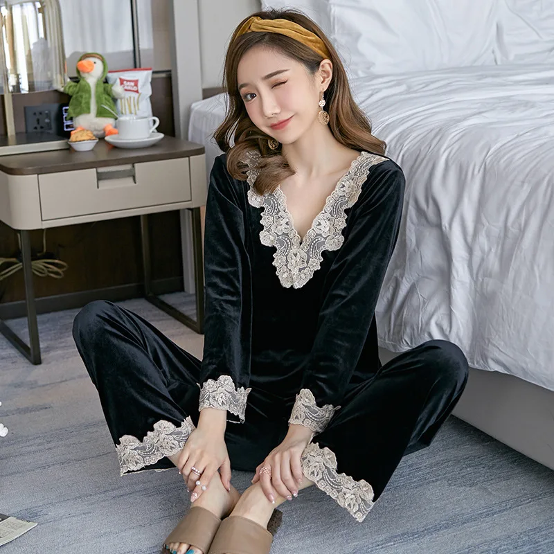 Gold Velvet Pijamas Women Autumn And Winter Female Pyjamas Long Sleeve Trousers Pajama Two-Piece Sexy Lace Home Service