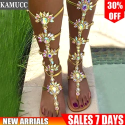 Woman Sandal Boots Rhinestone Lady Knee High Boots Thin High Heels Stiletto Crystal Dress Summer Shoes Sandalias Bohemia Style