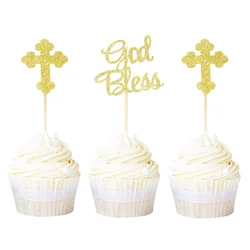 12pcs God Bless Cross Cupcake Toppers Baptism Party Decorations Glitter Bless Cake Topper Dessert Dress Up Baby Birthday