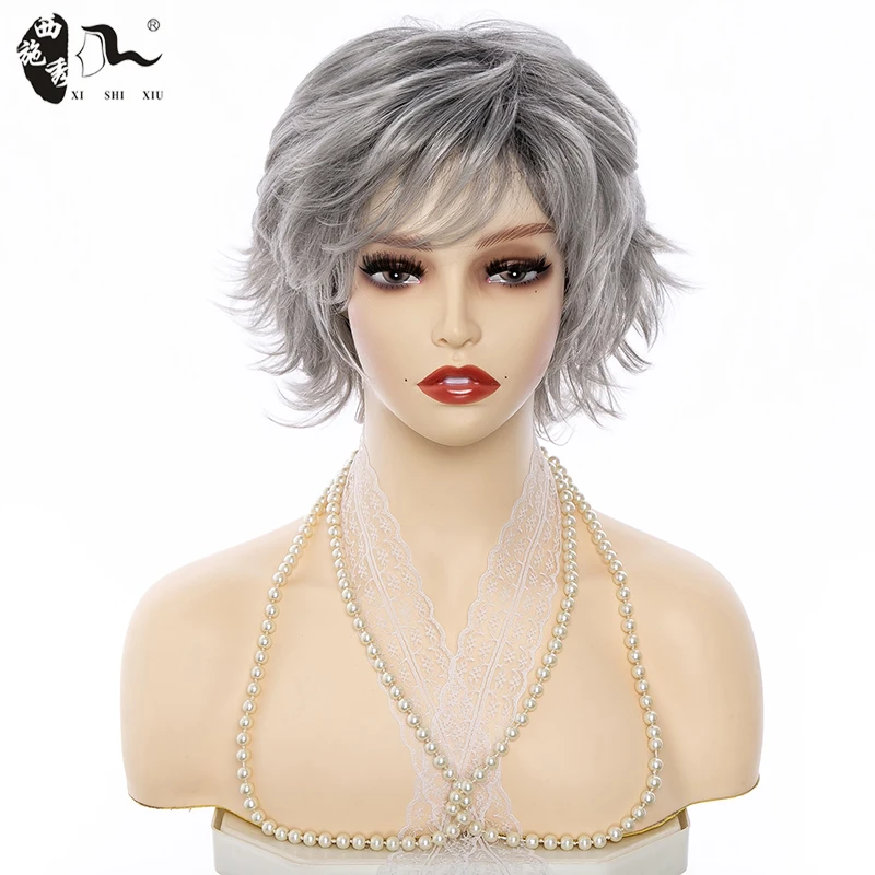 Short Mixed Gray Synthetic Wig With Bangs Natural Wavy Hair Heat Resistant Fiber Puffy Layered Hair Daily Use Wigs XISHIXIUHAIR