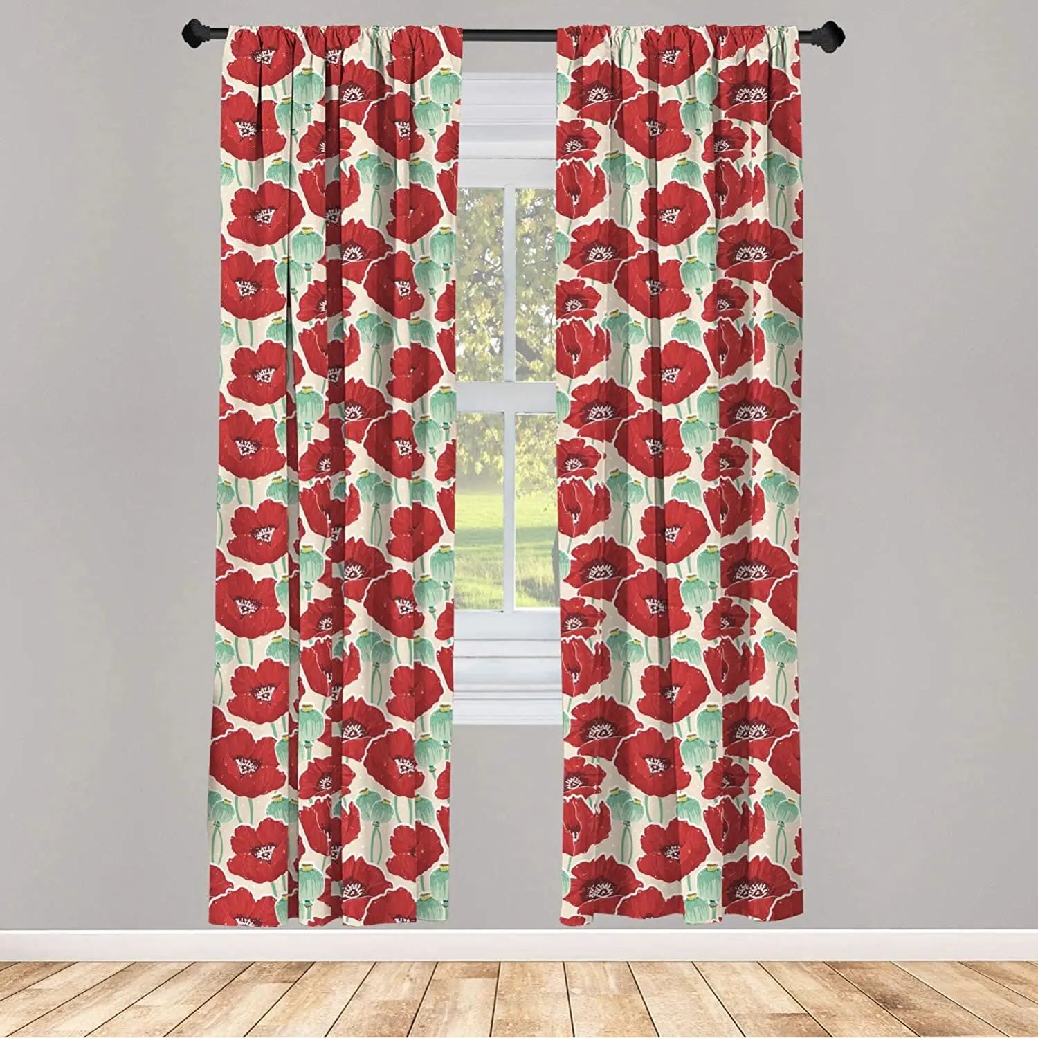 Poppy Flower Curtains Spring Garden with Red Blossoms Capsules and Little Dots Window Treatments for Living Room Bedroom Decor