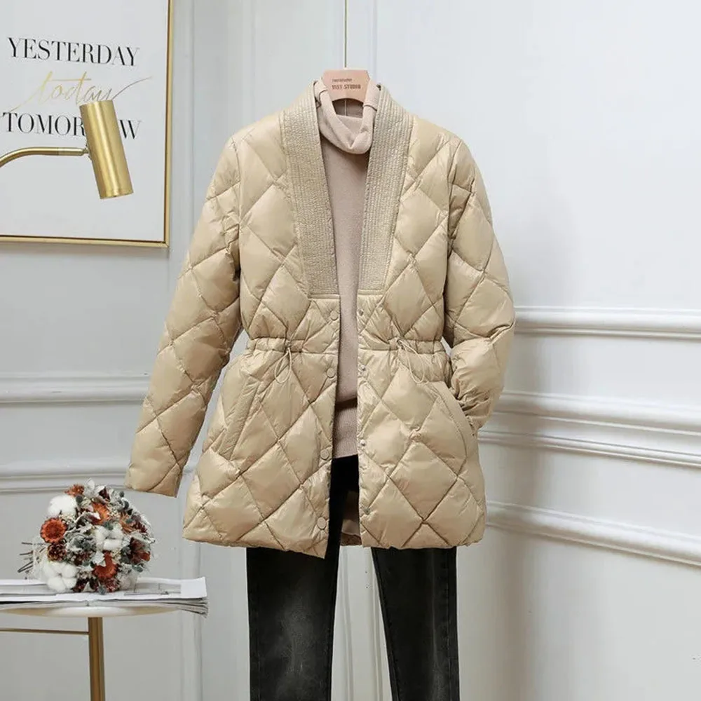 Winter New Korean Style Diamond Down Cotton Jacket Women Mid-length V-neck Waist Warm Chic Women Coat Thicken Quilted Jacket