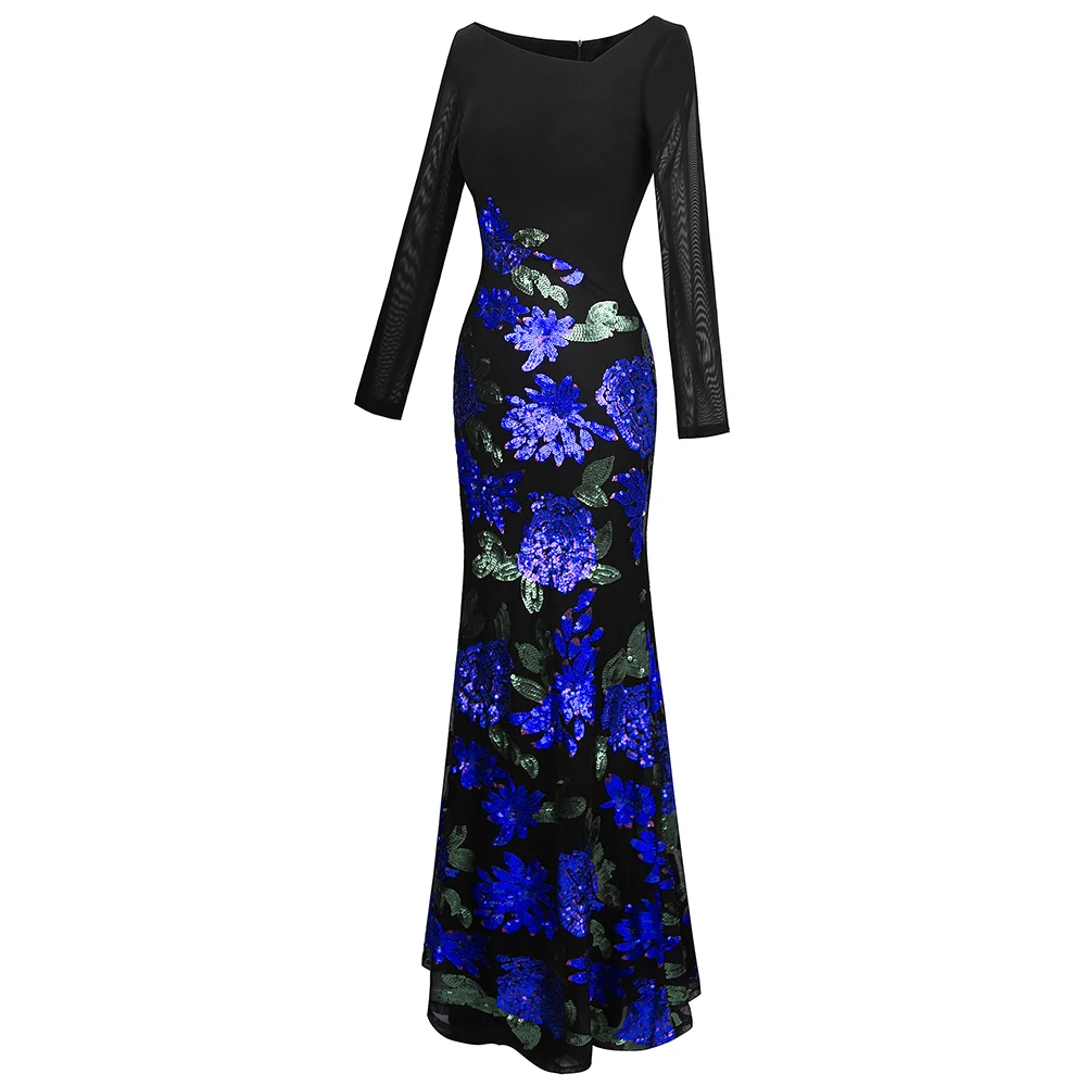 Angel-fashions femmes manches longues motif fleur bleue Sequin perles robe de soirée 396