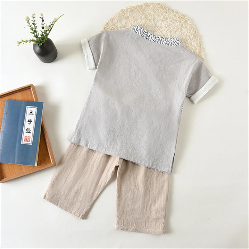 Boys retro short sleeve summer new cotton and linen suit children's Chinese style Tang suit two-piece suit vestido chino