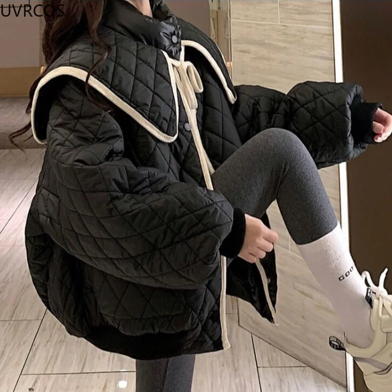 Winter Sweet Warm Cotton Coats Women Cute Turndown Collar Loose Casual Padded Jacket Solid Color Single Breasted Office Clothes