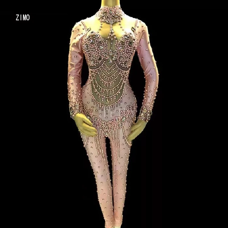 Sparkling Crystal Pearl Sexy Jumpsuit Women Pink Fashion Bodysuit Dance Costume Stage Performance Female Singer Stretch Costume