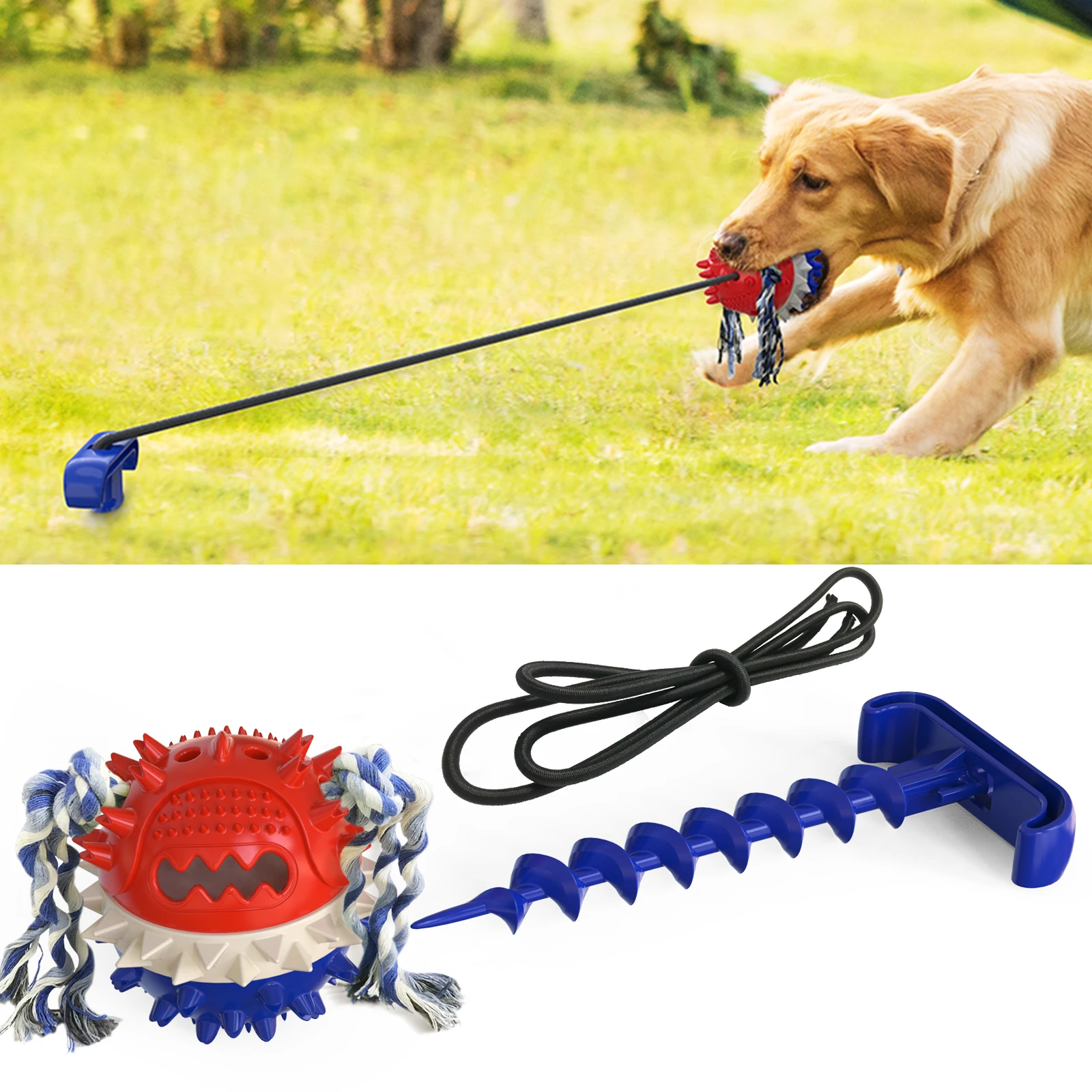 TPR Outdoor Dog Toys Pet Chew Toy Tug of War for Medium Large Breed Dog Tie-Out Cable and Stake for Yard Camping Puzzle Toy