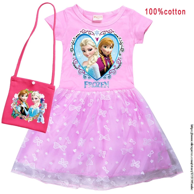 Spring Elsa Girls Cosplay Cartoon Disney Kids Summer Short Sleeve Princess Dress +Bag Up Children Birthday Party Clothing