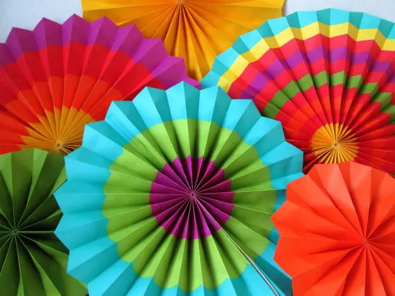 12pcs Fiesta Colorful Paper Fans Rosettes Party Fans Mexican Southwestern Pattern Paper Fans for Wedding Festival Carnival Party