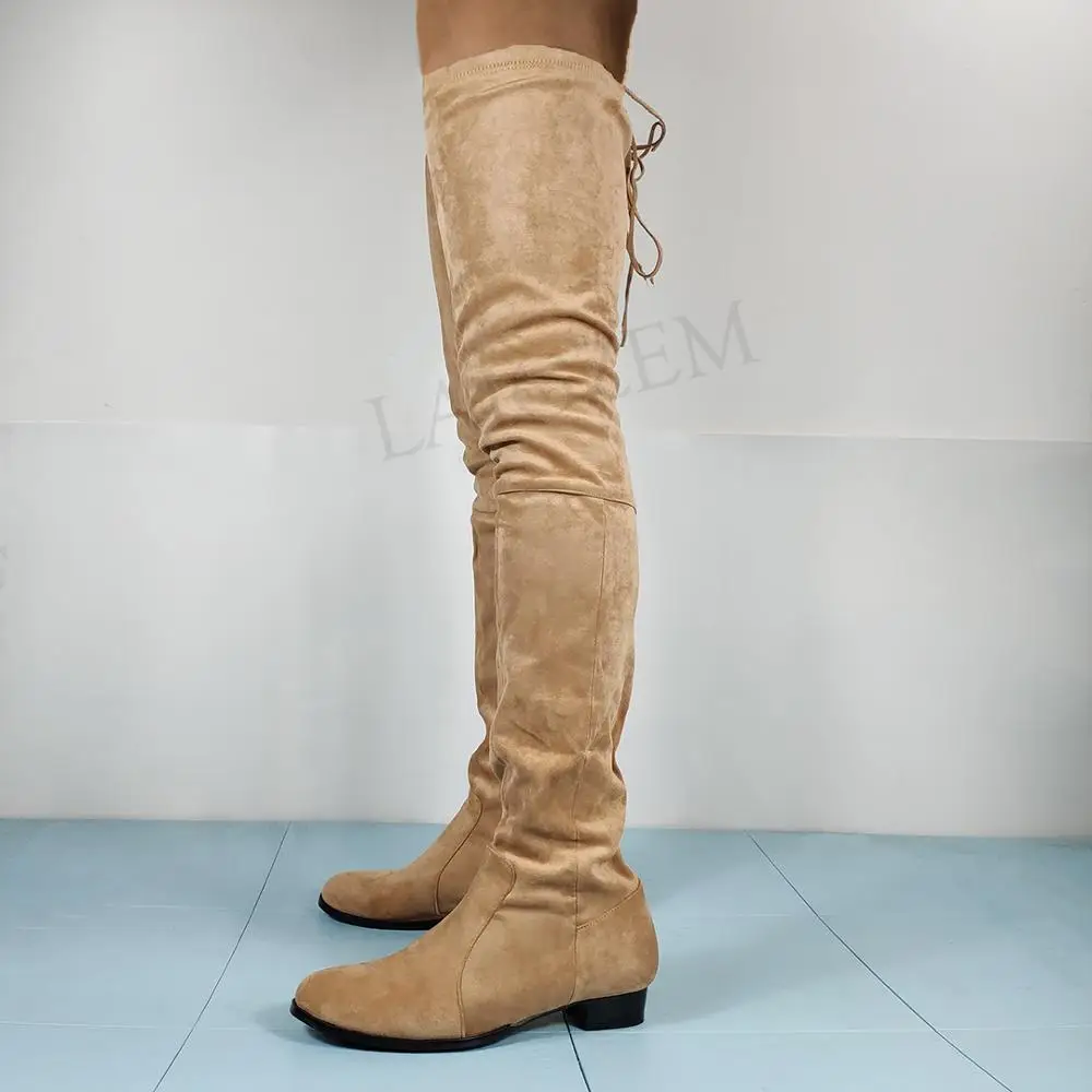 LAIGZEM Faux Suede Women Over Knee Boots Zip Low Heels Boots Thigh High Boots Comfortable Shoes Botines Botas Size 47 50 51 52