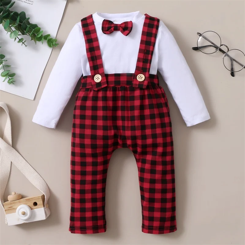 

Christmas 2 Pieces Baby Boys Suit Set Plaid Round Neck Long Sleeve Tops+ Suspender Trousers for Spring Fall 0-18 Months