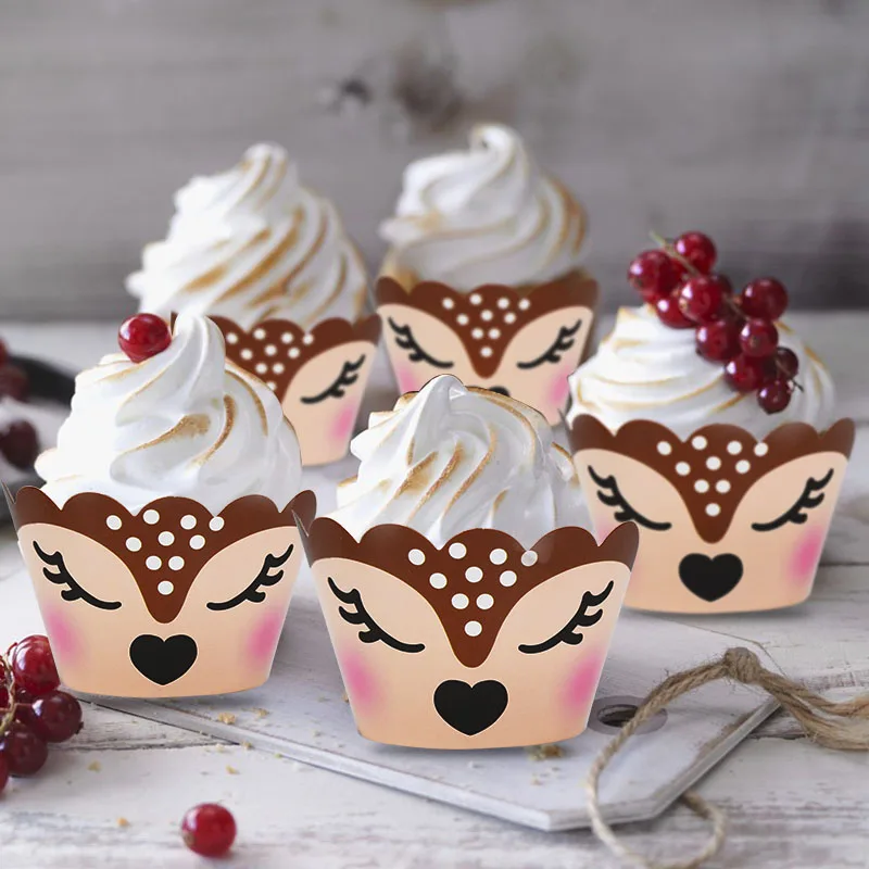12/24 stücke Cartoon Sika Deer Cupcake Wrapper Geweih Papier Kuchen Topper Frohe Weihnachten Weihnachten Neue Jahr Geburtstag Party Dekoration – Detail 18