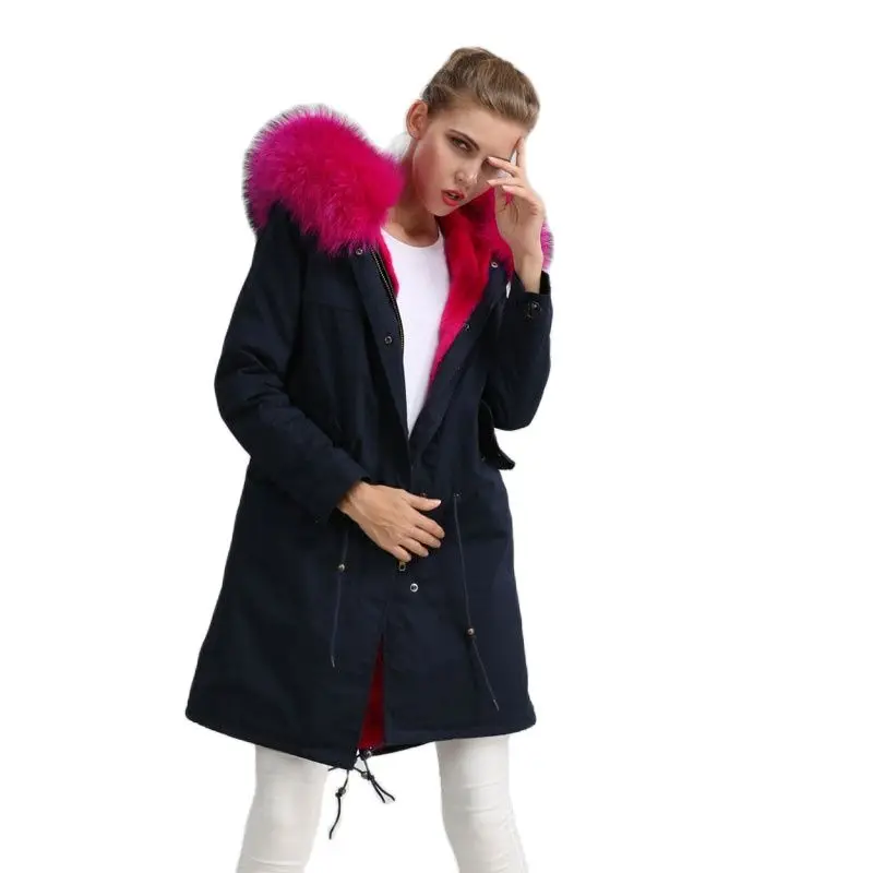 

Mhnkro Style Hot Sale Navy Long Furs Women Rose Pink Jacket With Real Raccoon Fur Hoodies MR MRS Winter Luxury Drop Shipping