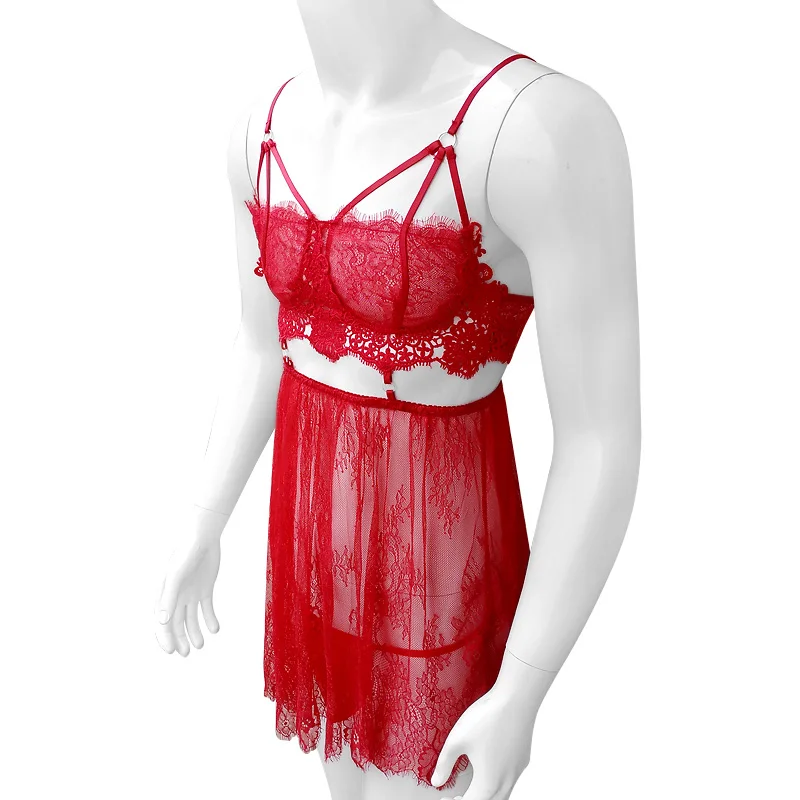 Sexy Mens Nightwear Babydoll Sissy See Through Lace Nightgown Sleepwear With G-String Lingerie Dress Erotic Male Underwear