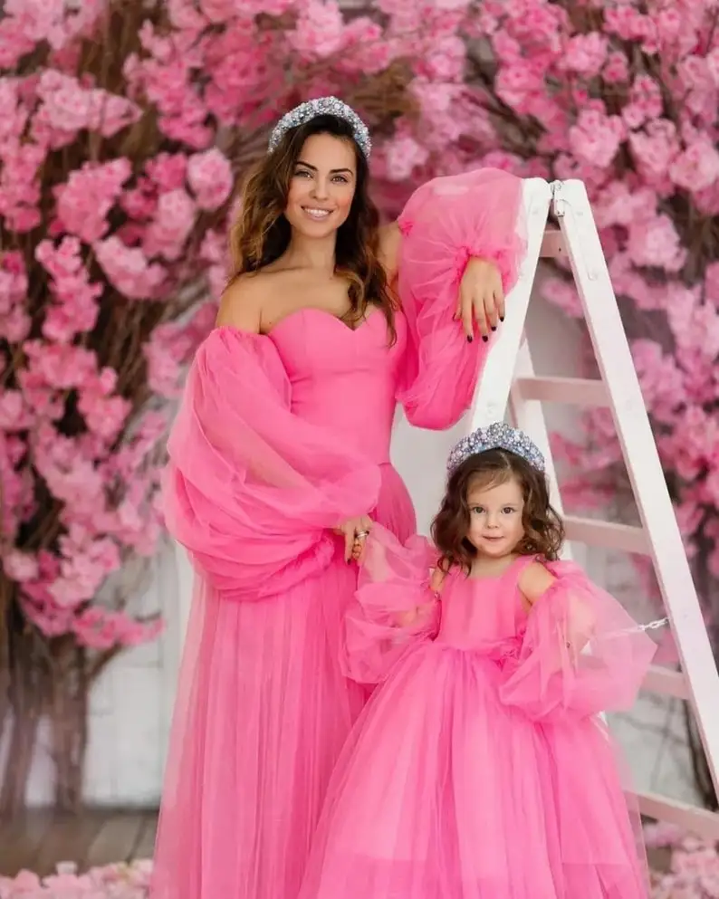 Dreamy Mommy and Me Matching Dresses Pink Tulle Mom and Kids Party Dress for Birthday Mother Daughter Prom Gown Evening Dress