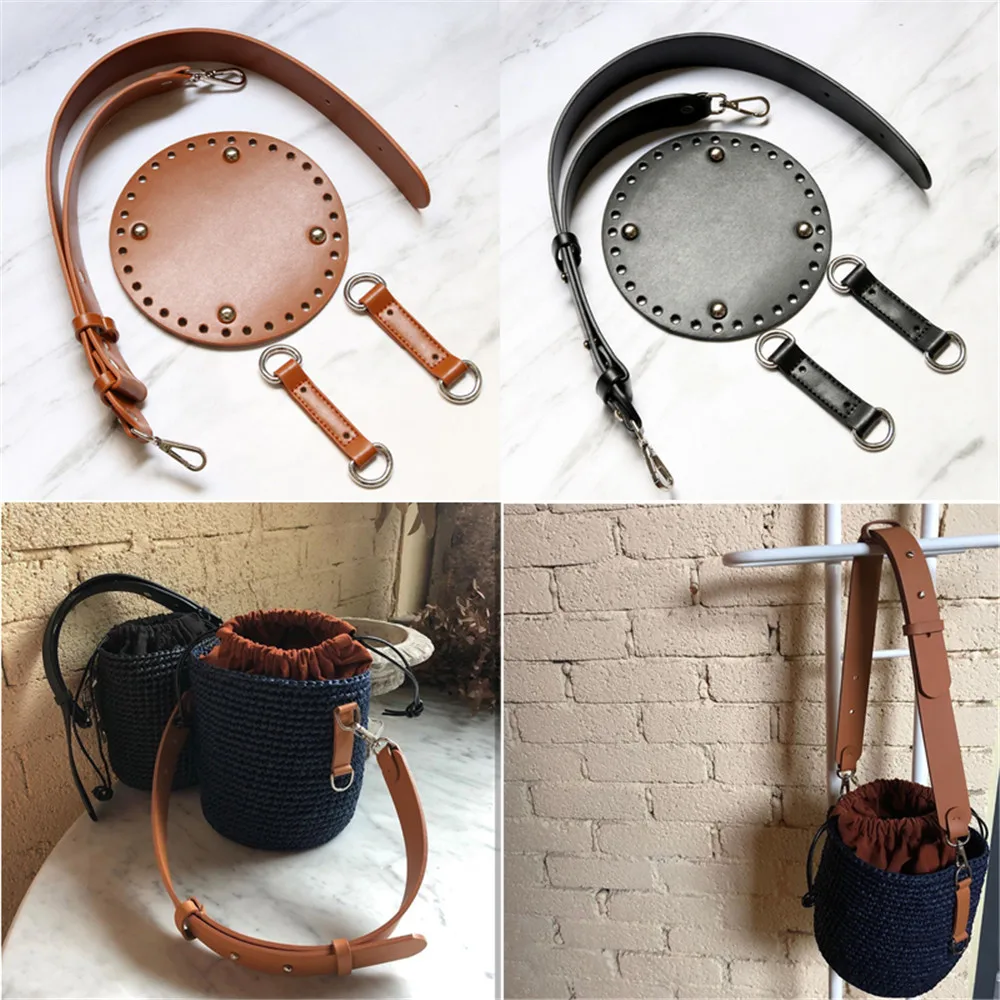 Leather Parts for Bag DIY Bottom Wide Shoulder Strap Bag Set Handmade Handbag Accessories for Woven Bucket Bag