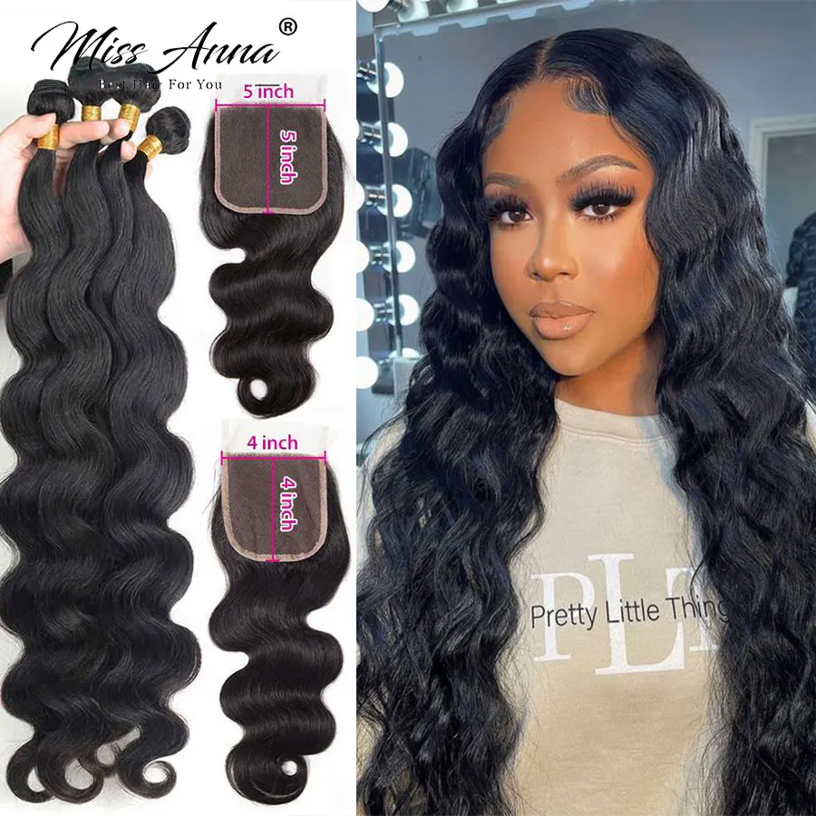 Tissage en Lot Brésilien Remy Naturel Body Wave avec Closure, 4x4 5x5, 6x6