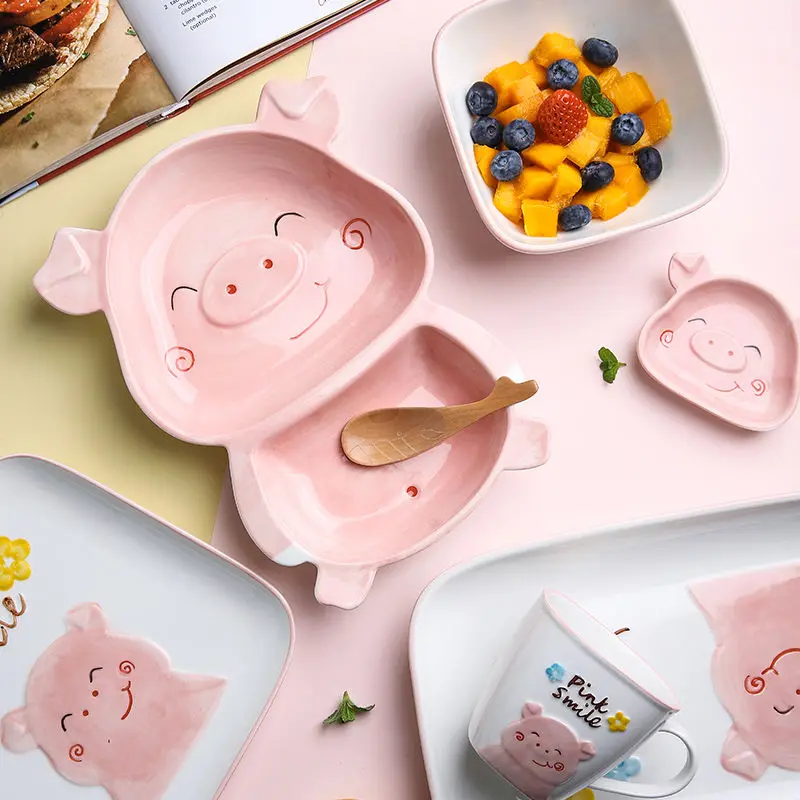 

Cute Plate Cartoon Ceramic Tableware Grid Plate Home Creative Cup Piggy Dish Rice Bowl Dinner Plate Dinner Set Plates and Dishes