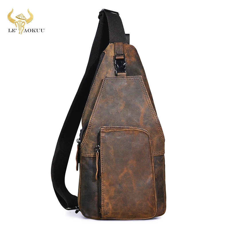 Men Crazy Horse Leather Casual Travel Fanny Waist Pack Chest Sling Bag Design One Shoulder Crossbody Bag Daypack For Male 8086