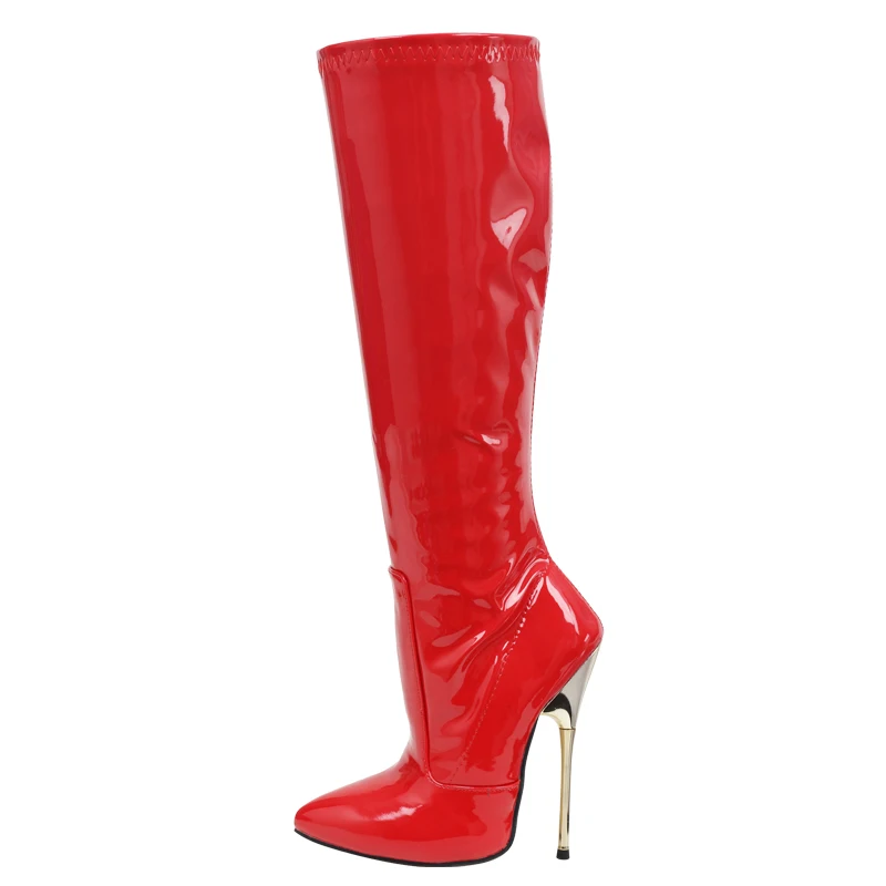 Women Knee-high Boots 14CM Super High Heel Pointed toe Zip Red PU Leather Sexy Fetish Boots Large Size 36-46