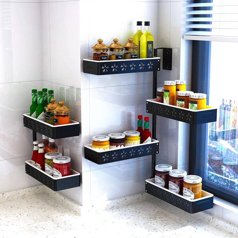 Multi Use Kitchen Shelf Black Corner Rotating Condiment Rack Hole-free Wall Hanging Multi-function Shelf Saving Space