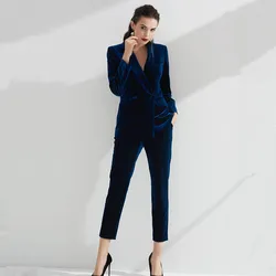 Traje de terciopelo azul real de 2 piezas para mujer, Blazer de negocios, pantalones, trajes de esmoquin para boda, chaqueta Formal