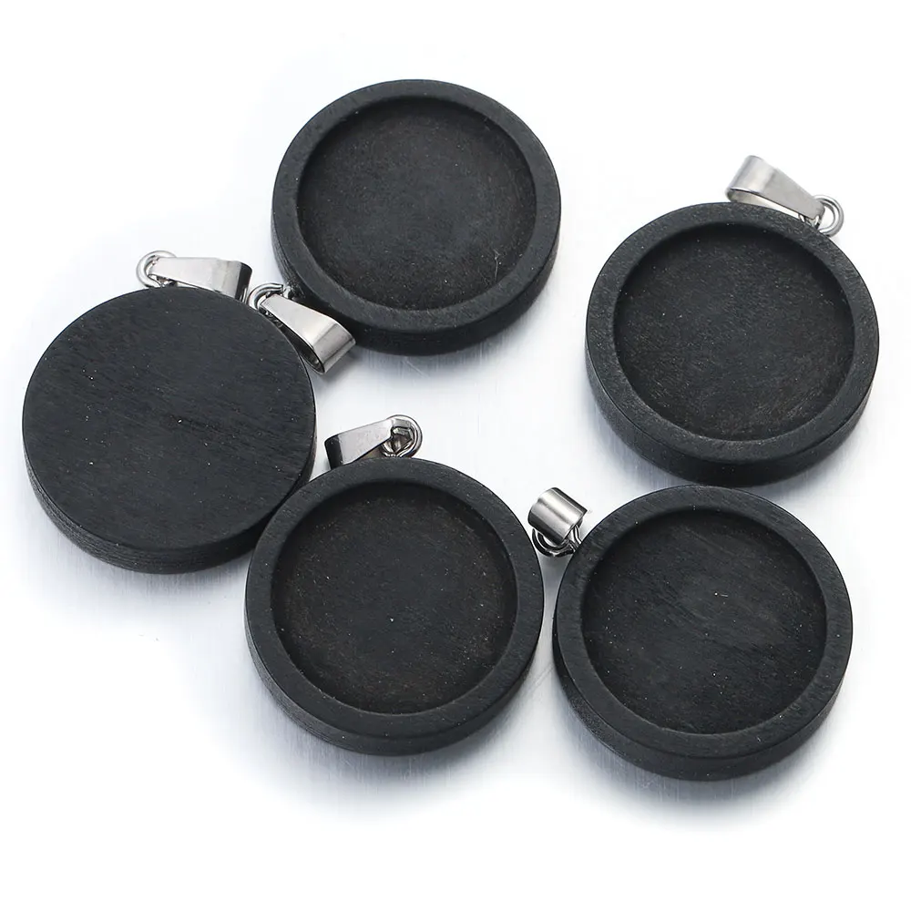 10 pz / lotto Base cabochon in legno nero adatta 20 25 30mm Vassoi pendenti in acciaio inossidabile vuoto per collane fai da te Forniture per la creazione di gioielli
