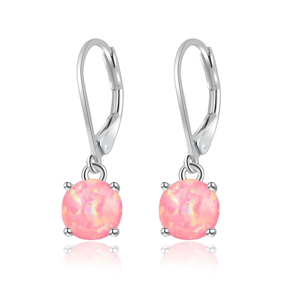 CiNily White & Pink & Blue Fire Opal Drop Dangle Earrings With Round Stone Silver Plated Jewelry Best Gifts for Girl Women