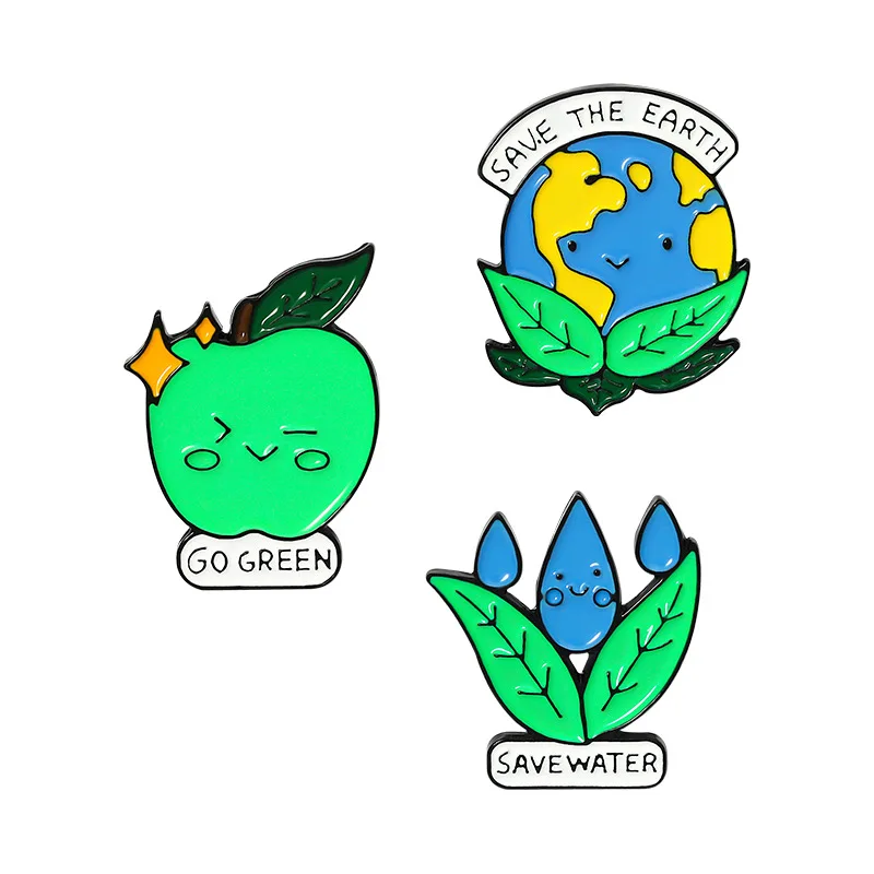 Children Jewlery Save Earth & Water Enamel Lapel Pins Green Environment Cute Brooches Badges Fashion Pin Gifts for Whole