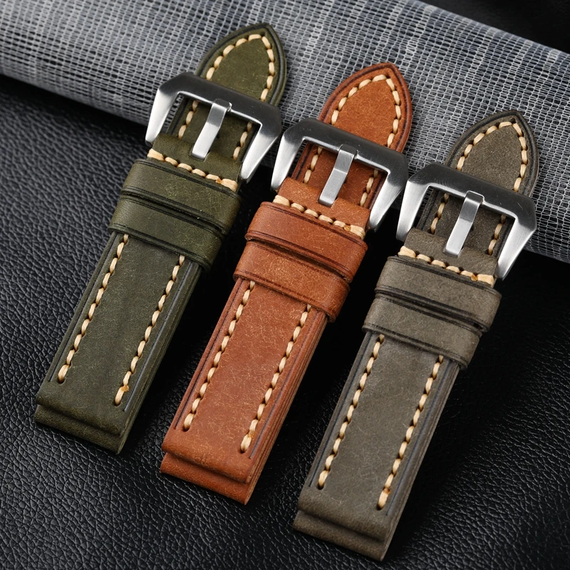 Hand-Folded Leather Watchband 20 22 24 26MM Italian Top Layer Cowhide, Matte Bracelet Suitable For PAM