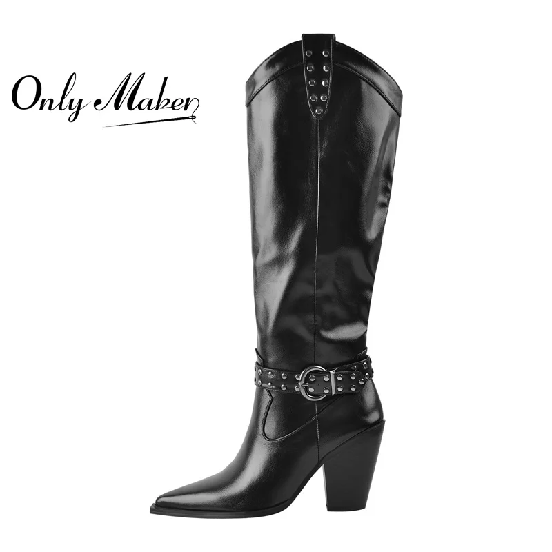 Onlymaker Women Pointed Toe Knee High Boots Metal Decoration Zipper Belt Buckle Black Chunky Low Heels Causal Big Size Boots