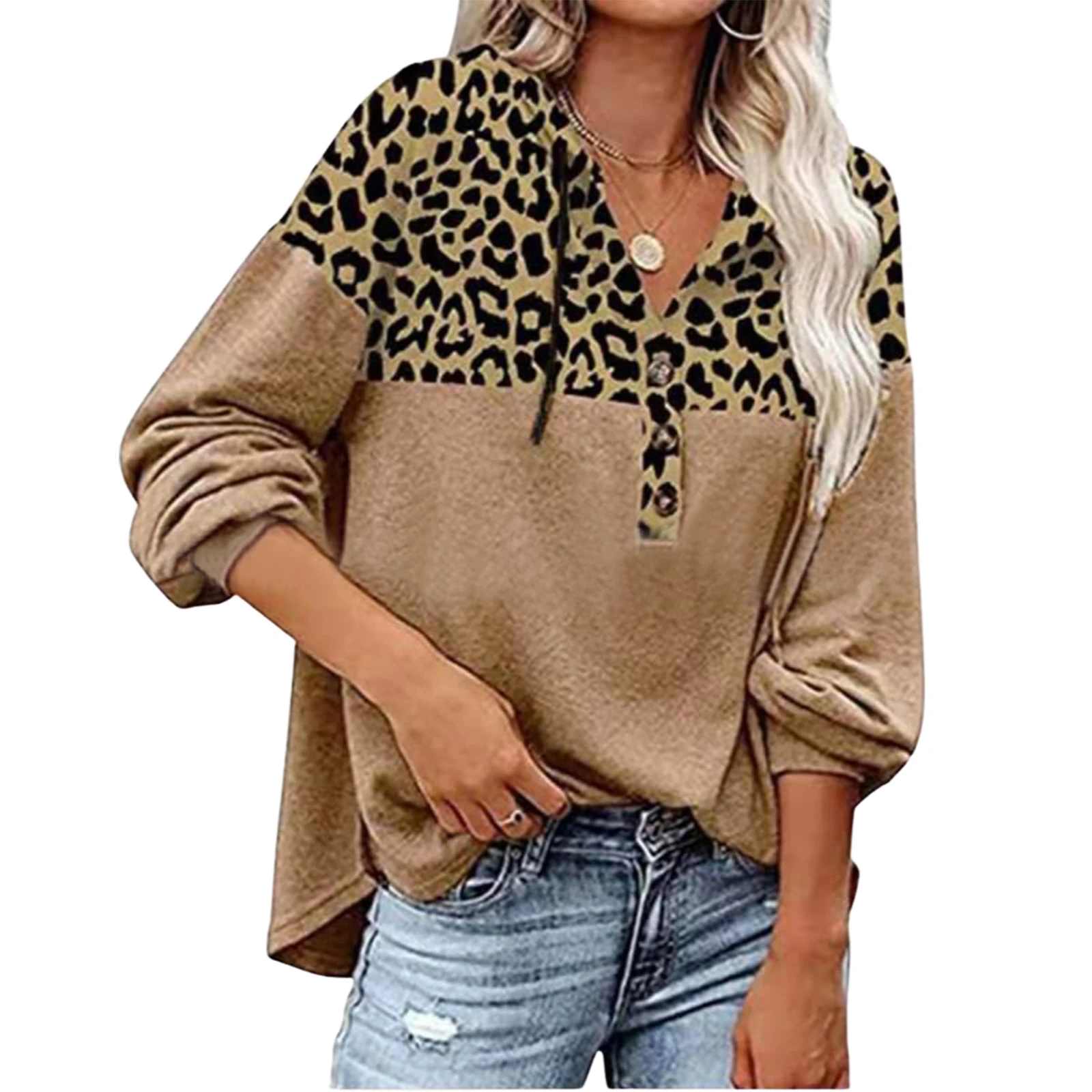 Women Casual  with Drawstring Hooded Sweatshirt Warmth Adults Color Block Leopard Print Long Sleeve Pullover