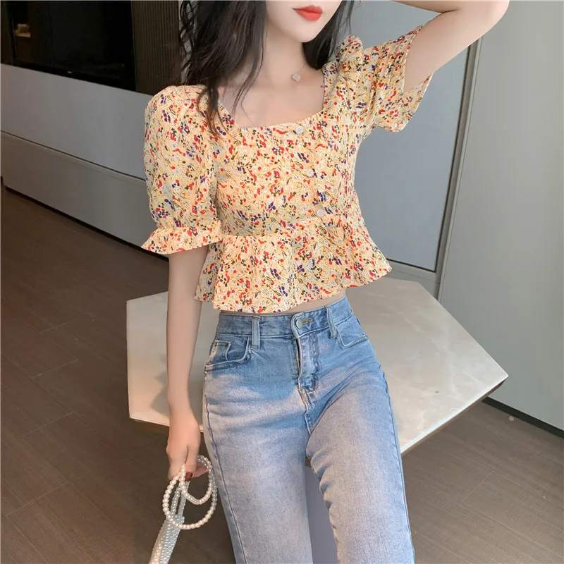 Tops for Women Fashion Korean Square Collar Short Puff Sleeve Print floral Yellow Short Chiffon Shirt Blouse Women 2020 Summer