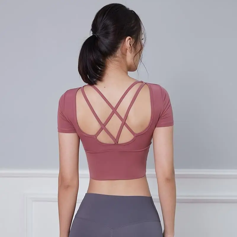 Yoga Clothes Summer Thin Wicking Tight-fitting Umbilical Professional High-end Light Fashion Beauty Back Short-sleeved Top