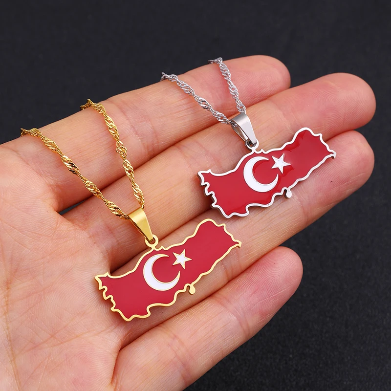 Fashion Stainless steel Turkey Map Flag Necklace Pendant Women Turkish Silver Color/Gold Color Party Jewelry Turkiye Cumhuriyeti