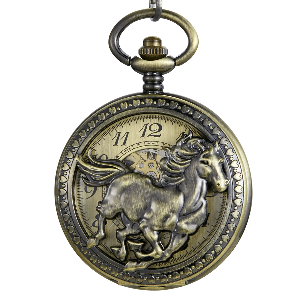 Hollow Chinese Zodiac Brown House Skeleton Mechanical Pocket Watch Fob Chain Gift Men Steampunk Pendant Gifts Women