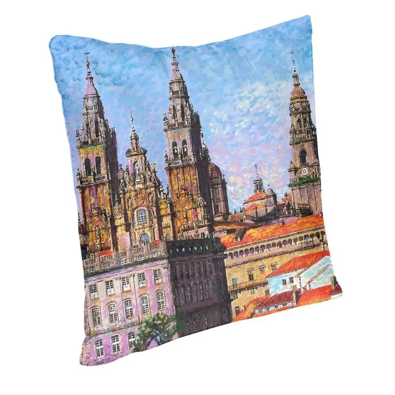 Spain Cityscape Square Pillow Cover Home Decor Oil Painting Art Santiago De Compostela Cathedral Cushion Cover Throw Pillow Case