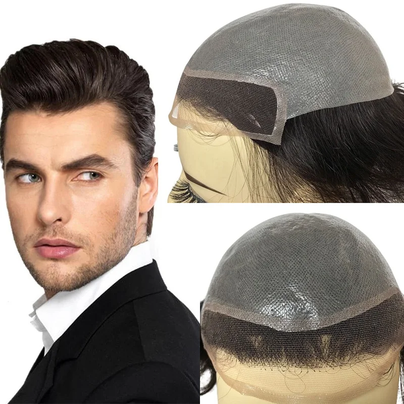 Men\'S Toupee Hairpieces Replacement System For Men PU Base With Frontal Swiss Lace Net 100% European Remy Human Hair 10x8 \