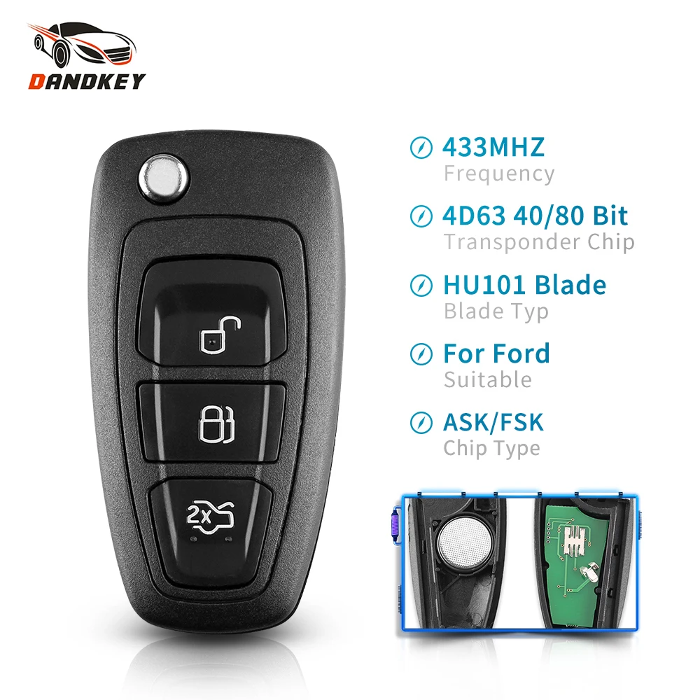 

Dandkey ASK FSK For Ford Mondeo Focus C-Max S-Max 433Mhz 3 Buttons Filp Car Remote Control Key 4D60 4D63 Chip Uncut HU101 Blade