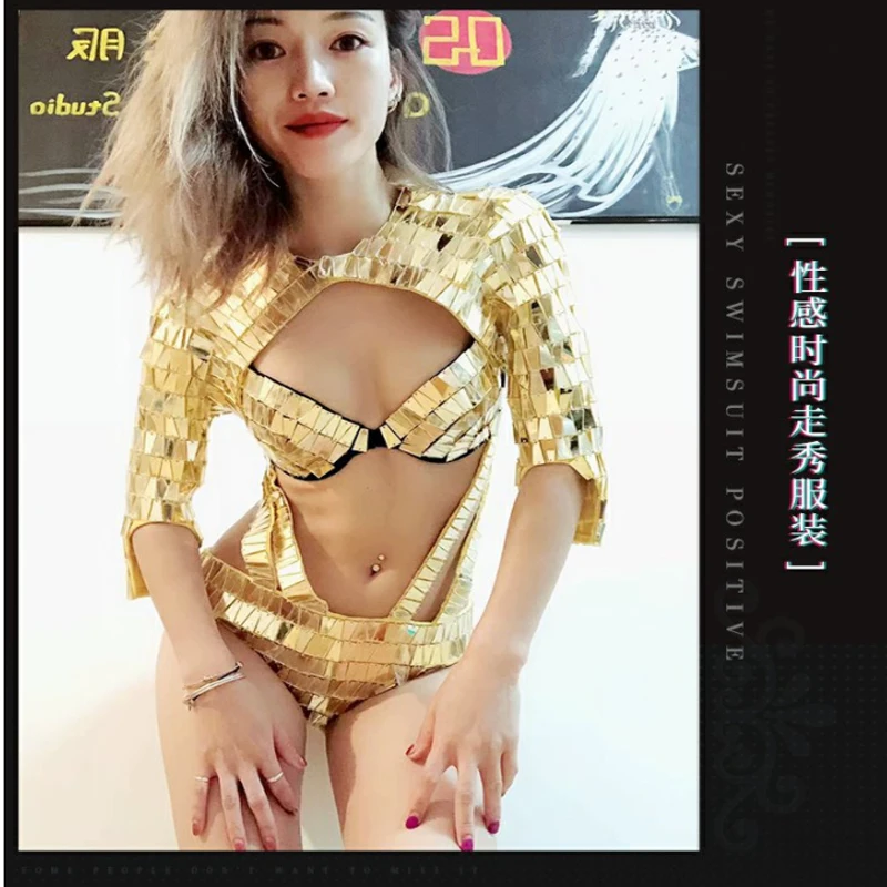 Sexy Women gold silver mirror costume stage dance wear female singer DJ dancer clothing