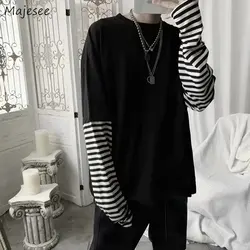 Men Long Sleeve T-shirts Striped Patchwork Fake Two Piece Oversize Tees Harajuku Retro Hip-pop Undershirts Male Casual Outwear